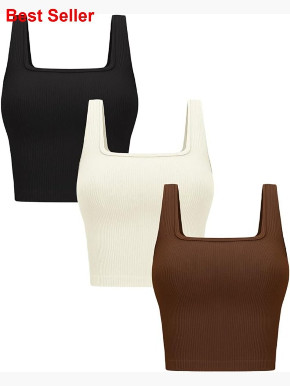 Seamless Ribbed Crop Tank Tops 3 Pack Square Neck Workout Yoga Shirts